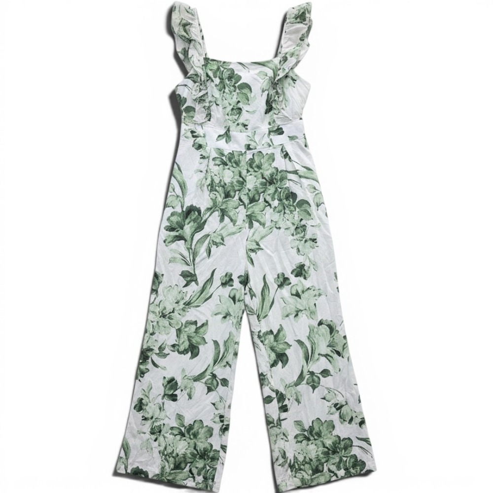 Taylor Womens Green White Floral Ruffle Coquette Cottagecore Cotton Jumpsuit L